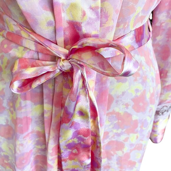 Delicates Pink Yellow Watercolor Floral Short Satin Robe Lace Trim Belted SMALL - Picture 3 of 9